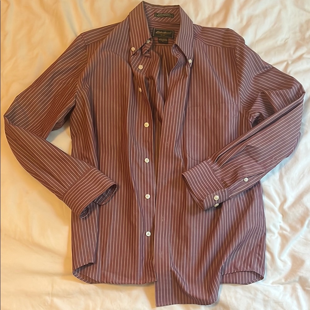 Eddie Bauer Burgundy and White Striped Dress Shirt